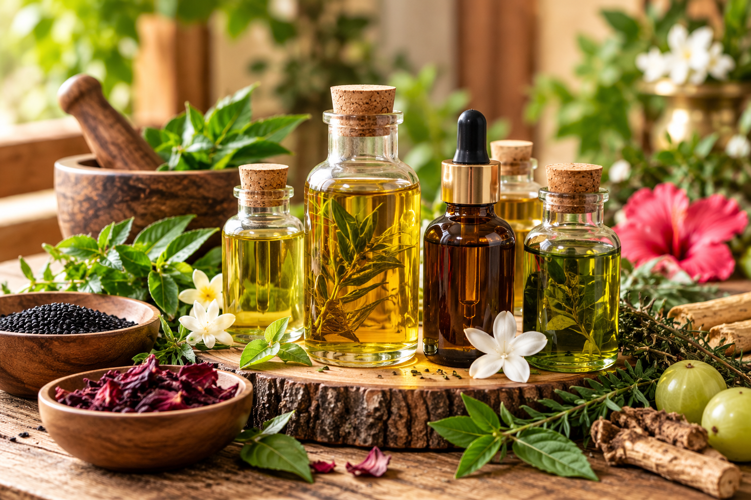 Traditional herbal ingredients with mortar and pestle